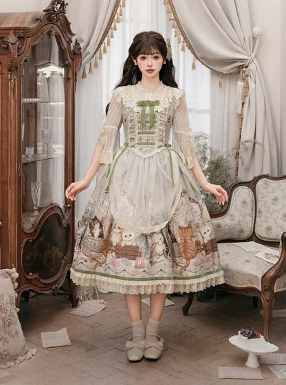 Green Cat Print Lace Ruffles Sweet Lolita JSK Dress with Drawstring Overlay - NyaNya