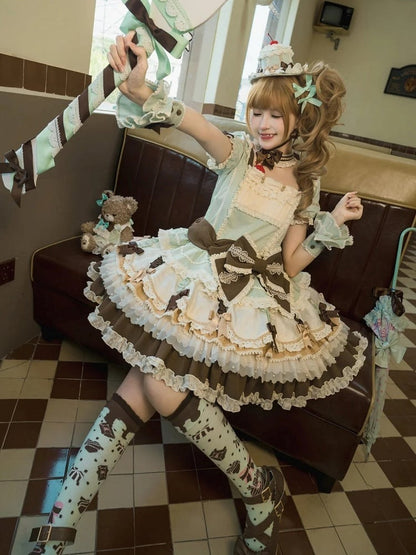 Waist Mint Bowknot Green Chocolate Details Lolita Dropped Layered Dress Sweet Hem