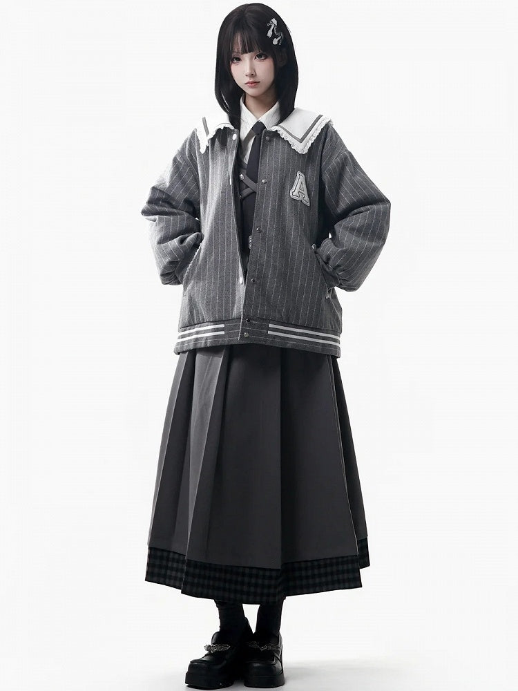 Hem Skirt Set - Belt Patchwork Waist Gray Prppy Elastic Plaid Pleated Style