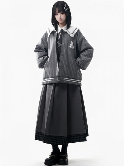 Hem Skirt Set - Belt Patchwork Waist Gray Prppy Elastic Plaid Pleated Style
