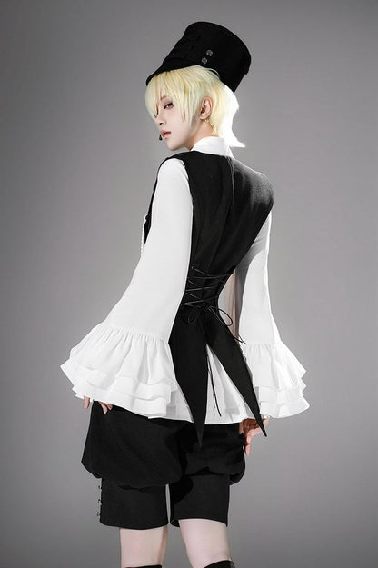Black Ouji Lolita Deep V-Neck Waistcoat with Pointed Hem and Silver Buttons - Princess Chronicles