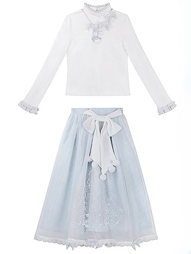 Embroidered Lolita Skirt Winter Set Snowman Blue White Coat Top Elegant + Knitted Castle