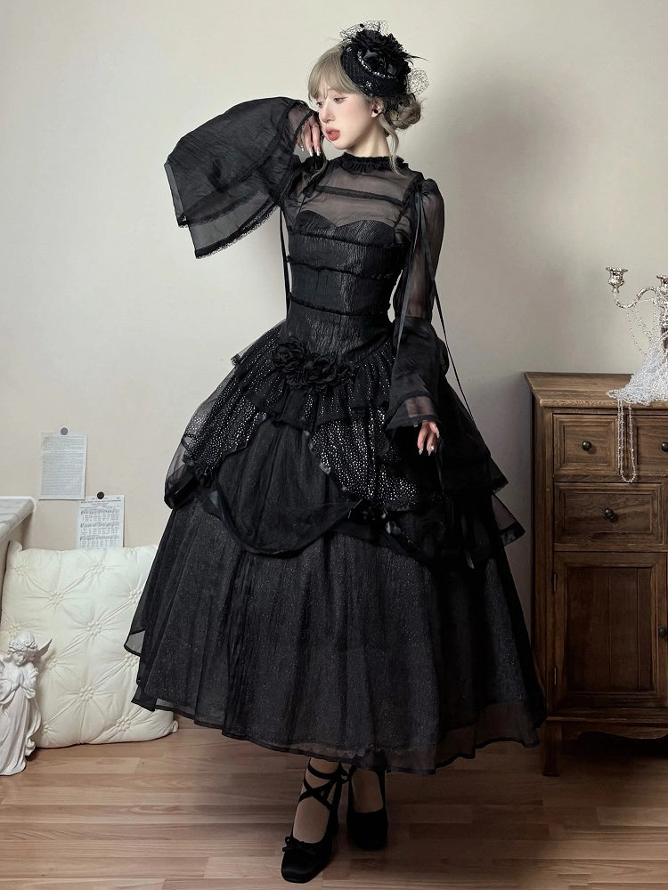Spaghetti Elegantes JSK-Kleid Lolita Schwarze Träger Vollschichtiges Kuro-Set Schimmernd