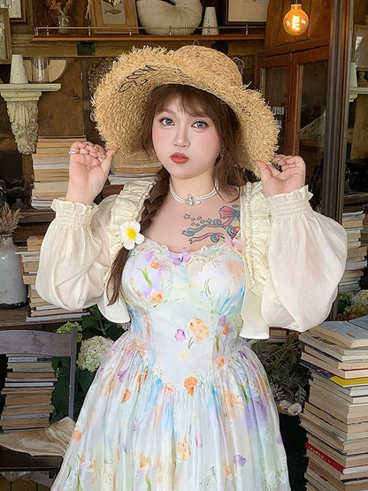 プラスサイズ アプリコット フリルトリム オープンプラケット ラインストーン装飾トップス