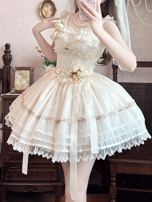 Beige Sleeves Bowknots Decoration Ribbon Lolita Dress JSK Flutter Sweet Boned Waist Balletcore