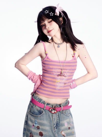 スクープトップネックライン ジンジャー/ピンクストライプ キャミソール スリムフィット