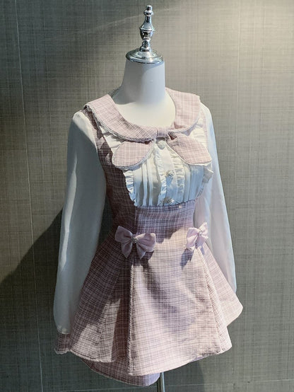 Kei Design Ärmel Top Plaid Outfit-Plisseeing + Details Jirai Bowknot Shorts Rosa Lange