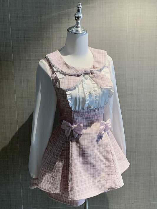 Kei Design 袖付きトップ チェック柄 アウトフィット プリーツ + ディテール Jirai 蝶結び ショートパンツ ピンク ロング