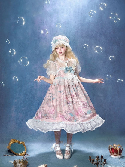 Seahorse and Cat Petal Skirt Ruffled Lace JSK Dress Sweet Style - Strange Meow Store Lolita