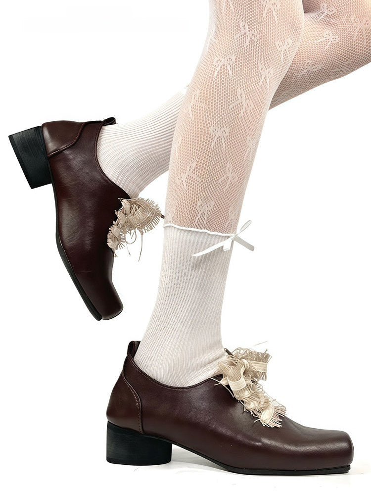 Tights Bow Black/White Fishnet Pattern Paneled