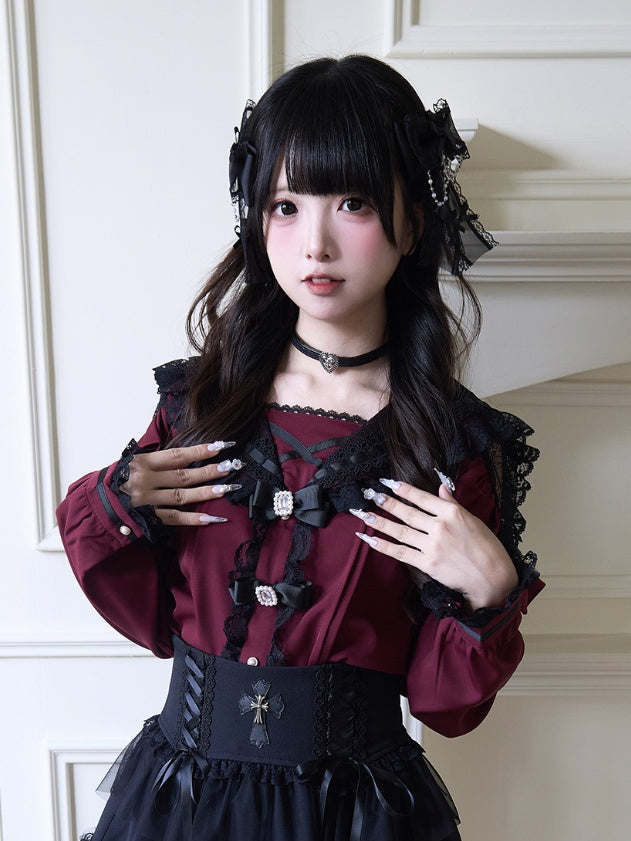 Rhinestones Bowknots Blouse Red Jirai Kei Sailor Collar Ruffled Lace Trim Wine