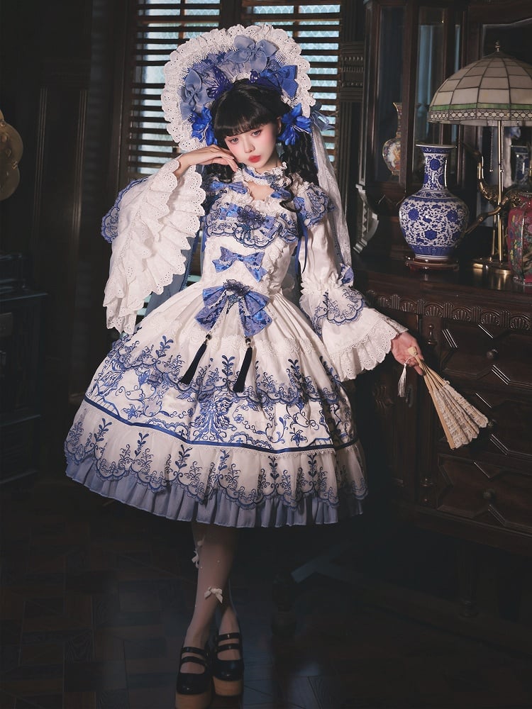 Blue Porcelain Butterfly Chinoiserie and Embroidery White Fabric