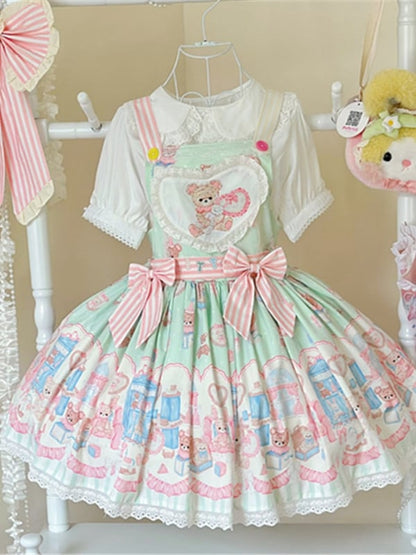 Kleid Grün Teddy Spielzeug Overall Süß und Plüsch Print Lolita Bunny