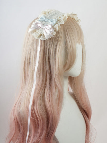 Sweet Lolita Blue and Pink Bows Ruffled Lace Trim Hairband