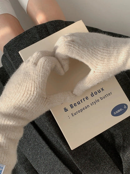 (4 Contrast Wool-Blend Cuffs Gloves Long Knit with Colors)