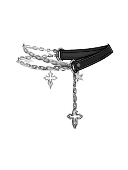 Belt Size PU Cross Black Silver Goth Plus Y2K Charms with Chains