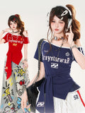 Rot/Blaue Träger an der Taille Asymmetrischer Ausschnitt Blokette Core T-Shirt Selbstbinden