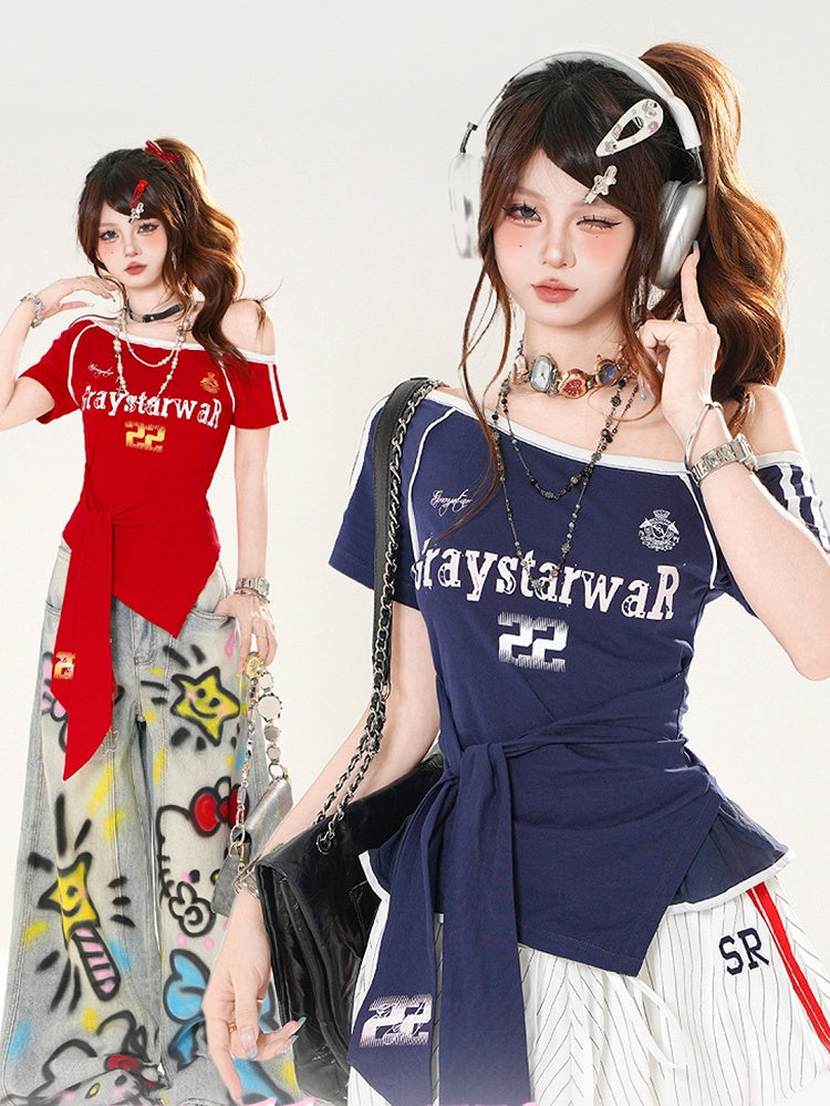 Red/Blue Straps at Waist Asymmetrical Neckline Blokette Core T-shirt Self-tie