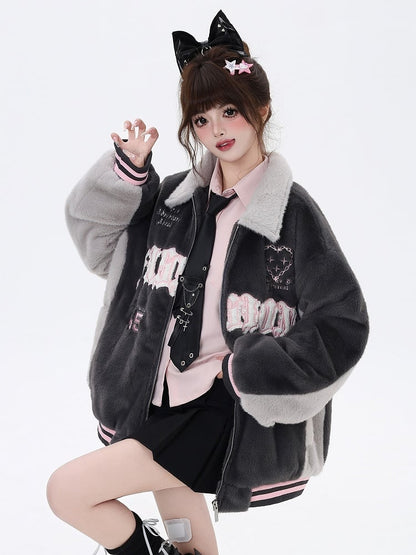 Jacket Baseball Fleece Gray with Letter Embroidery Heart