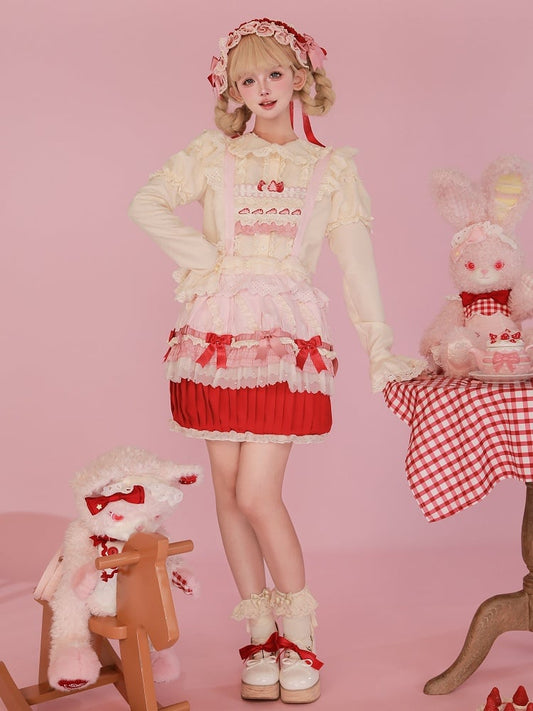 Strawberry Bodice Embroidery Cake Skirt Overall Hem and Pink Sweet Cupcake Lolita Red