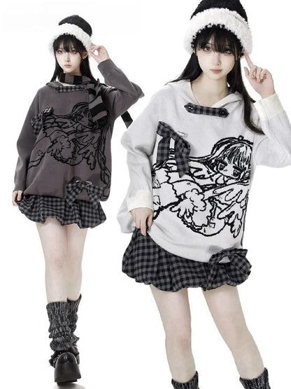 Grauer Ballonrock mit Schottenmuster und elastischer Taille