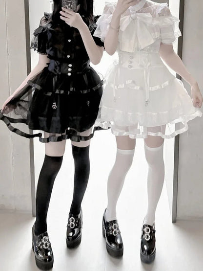 Gestufte Schleife Jirai Kei Schwarz/Weiß Mesh Balletcore Taille Selbst-krawatte Zurück Stäbchen Rock Hohe