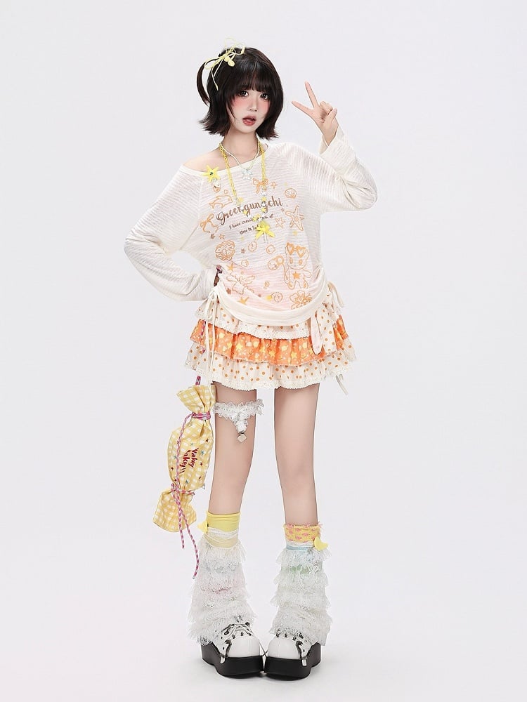 Breathable Apricot Cartoon Print Long-Sleeve Top - CRAZY GIRL