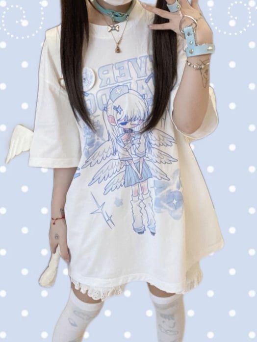 Jirai Kei Graphic Kawaii Sleeves T-Shirt Yami Blue  White Angel Wing