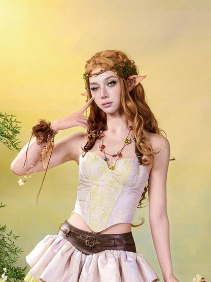 Fairycore Mori Kei Purple & Green Halter Neck Corset Top with Strap Design - Virtual Orbit