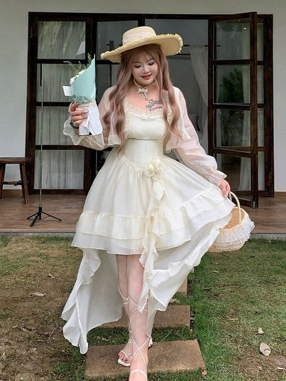 Kawaii Floral Decorated Dress with Asymmetrical Hem - Hard Candy