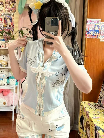 Blue Bear T-shirt Diamond Pattern Ear Kaiwai Cat Tenshi Light Print Hoodie