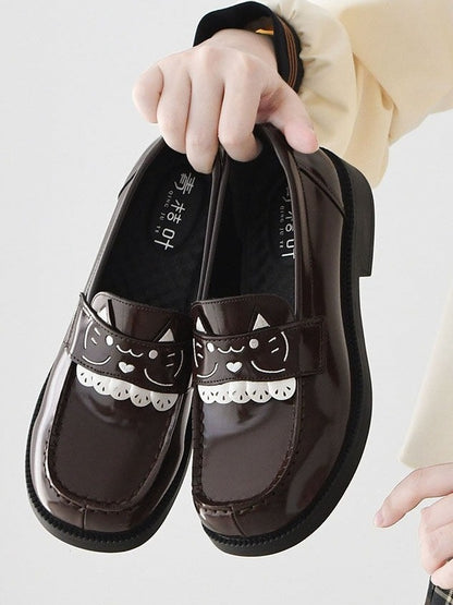 Women's Low Heel Mary Jane School Shoes with Cat Embroidery