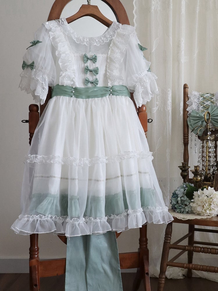 Dress Bow Ruffle with Accents Green Classic and White Lolita