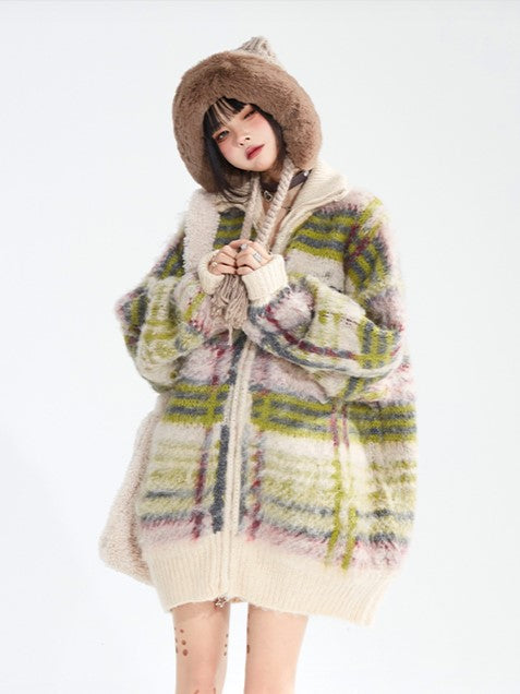 Cardigan mit Reißverschluss und gestreiftem Grün im Vintage-Stil mit hohem Mohairanteil