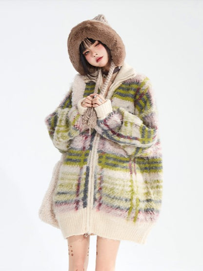 Cardigan mit Reißverschluss und gestreiftem Grün im Vintage-Stil mit hohem Mohairanteil