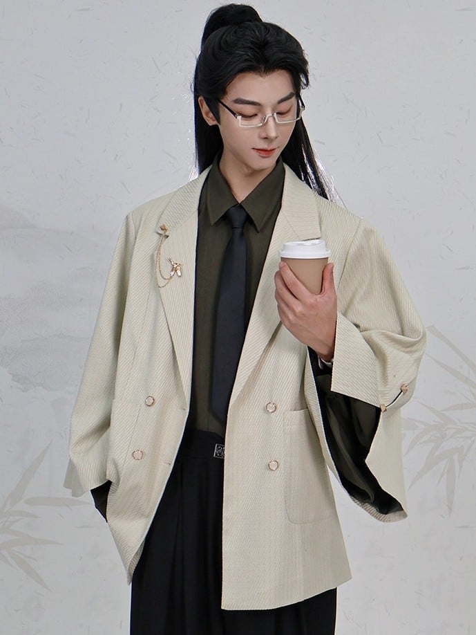 Unisex Gothic Front Cheongsam Notched Blazer Button Placket Beige Design with Collar