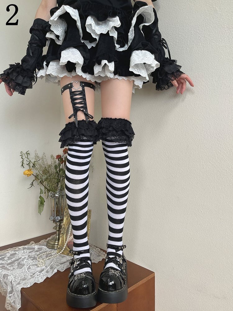 Trim and Stockings Overknee Striped Black Gothic Lace White