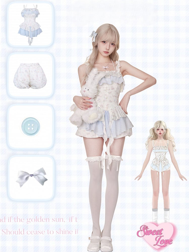 Ruffle Floral Cascading with Print Tiered Dress Accents Blue and White