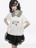 White Gingham Peter Pan Collar Tee with Cartoon Print - PINK SAVIOR