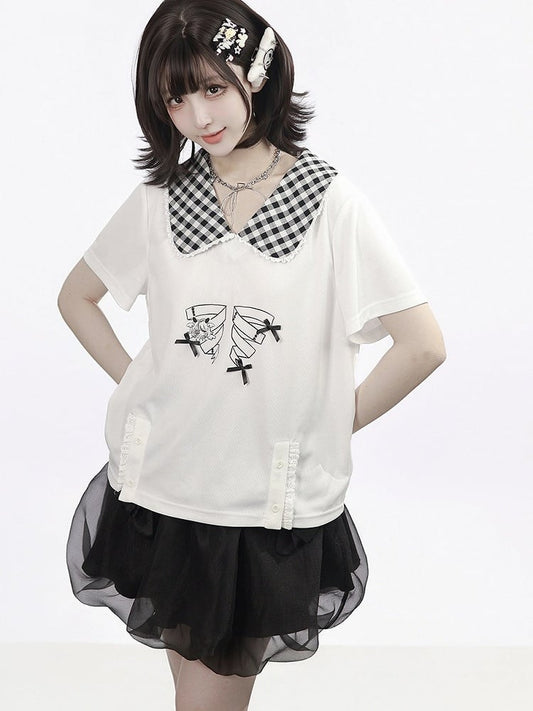 White Gingham Peter Pan Collar Tee with Cartoon Print - PINK SAVIOR