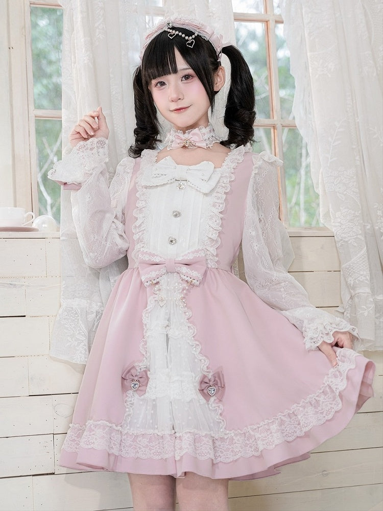 Pink & White Ryousangata Square Neck Long Sleeve Dress with Lace Trim & Bows - Puppet Bombs