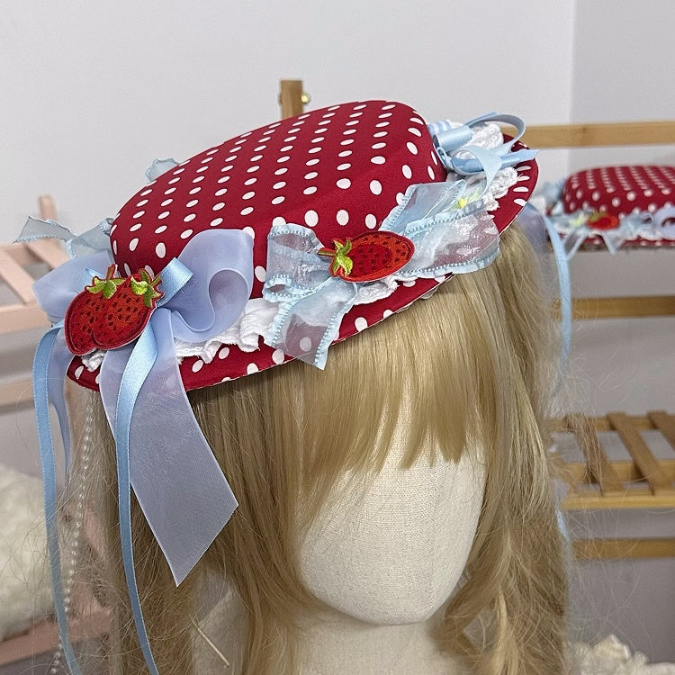 Lace Flat Strawberry Red Polka-dot Bow Hat