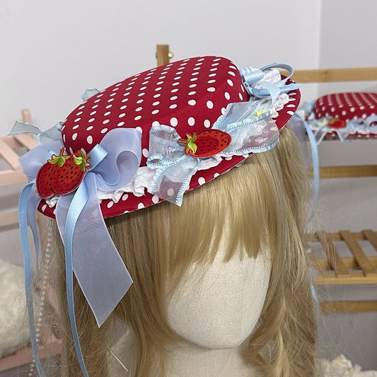 Lace Flat Strawberry Red Polka-dot Bow Hat