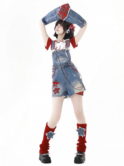 Red Knit Leg Warmers Denim Star Appliques