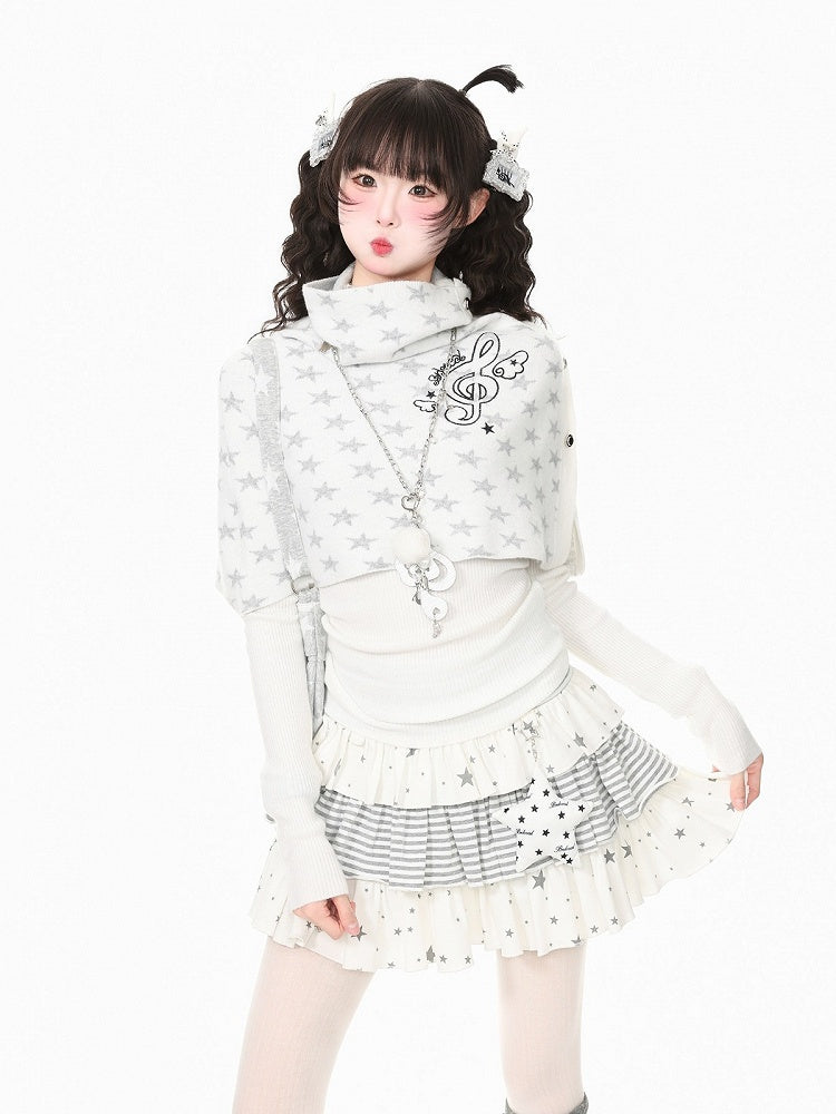 White Kawaii Fall Two Piece Cape Music Note Star Print Top - Languid Park
