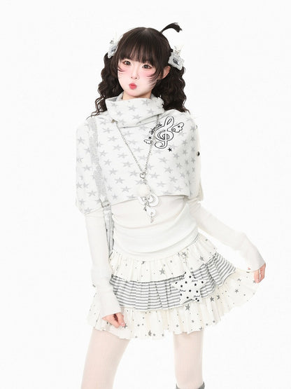 White Kawaii Fall Two Piece Cape Music Note Star Print Top - Languid Park