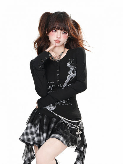 Rot/Schwarzes, schmal geschnittenes Bittersweet-Top mit Rundhalsausschnitt