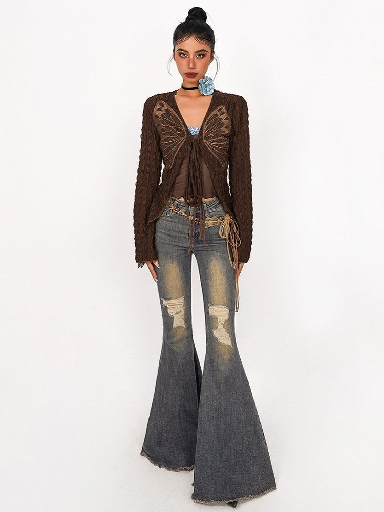 Vintage Detailing Denim Blue Distressed Jeans and Raw Flare with