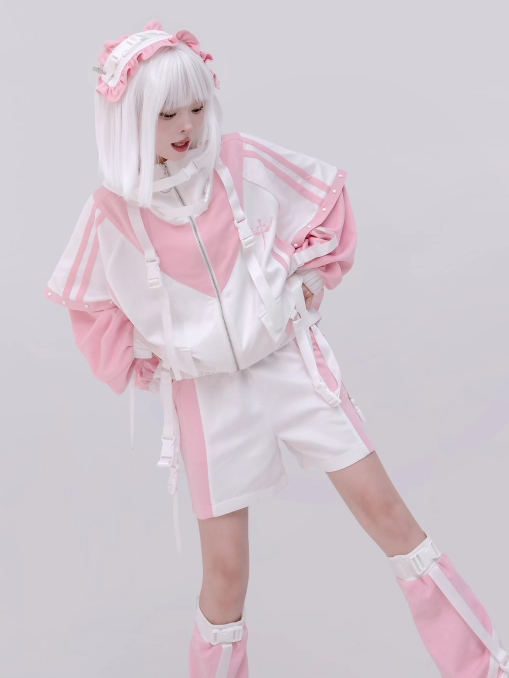 4-teiliges und rosa-weißes Druckknopf-Set: Landmine Techwear-Jacke