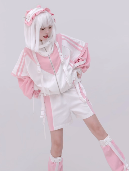 und mit übergroßem weißen Verschluss Techwear Details Colorblock Pink Fit Jacke Snap